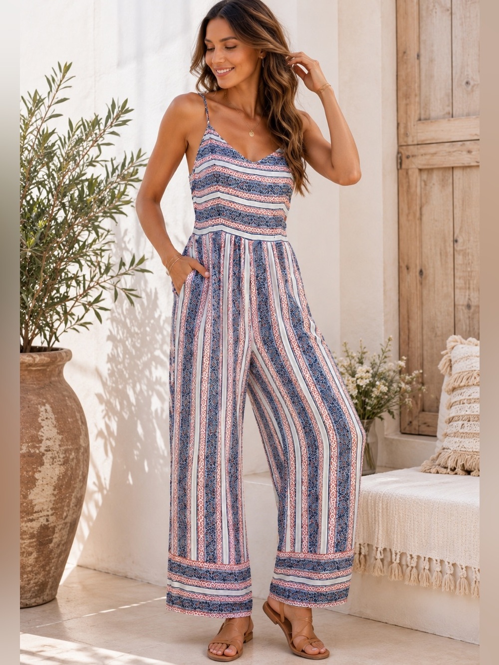 Japana Women’s Size Large Boho Striped Wide Leg Jumpsuit Blue Pink Festival EUC!